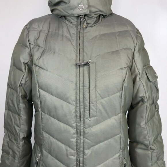 EDDIE BAUER ~ WOMENS MEDIUM ~ GRAY QUILTED DOWN PARKA DOWN COAT WITH HOOD - Picture 3 of 8